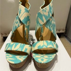 JustFab Women's Blue and Cream Wedge Sandals